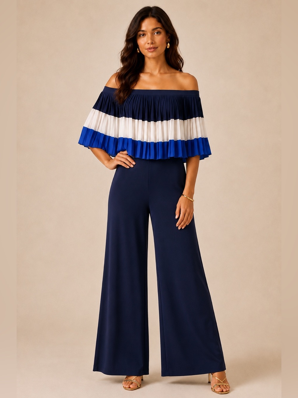 Joseph Ribkoff Navy Blue Colorblock Off-the-Shoulder Flowy Wide Leg Jumpsuit